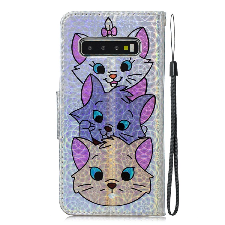 Laser Carving Pattern Printing Wallet Stand Flip Leather Shell with Strap for Samsung Galaxy S10 - Three Cute Cats-3