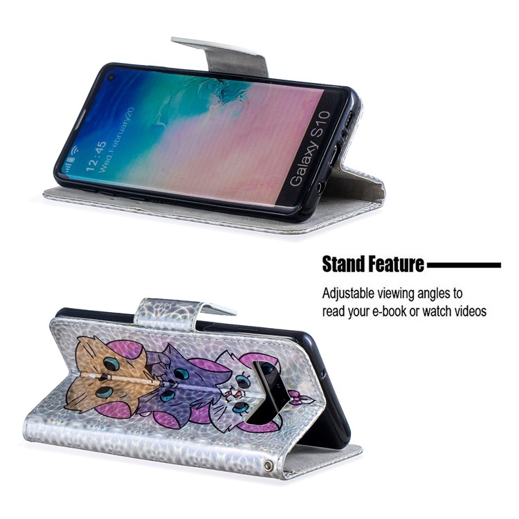 Laser Carving Pattern Printing Wallet Stand Flip Leather Shell with Strap for Samsung Galaxy S10 - Three Cute Cats-5