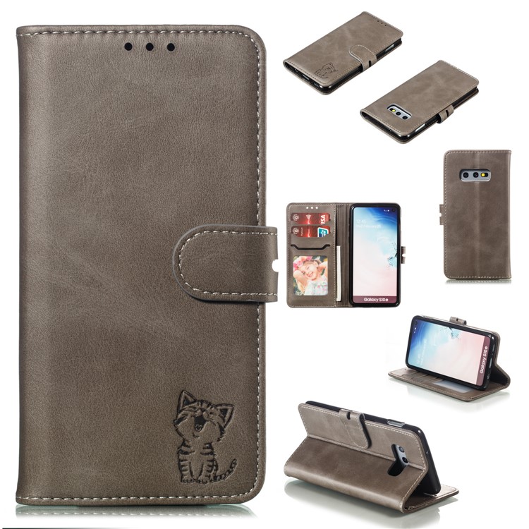 Imprinted Cat Pattern Leather Wallet Case for Samsung Galaxy S10e - Grey-1