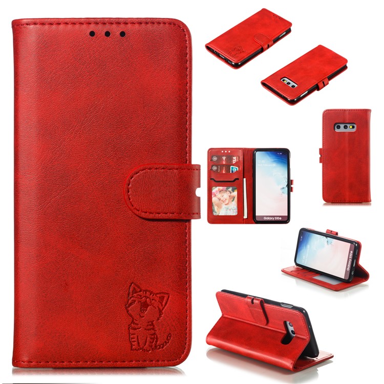 Imprinted Cat Pattern Leather Wallet Case for Samsung Galaxy S10e - Red-1