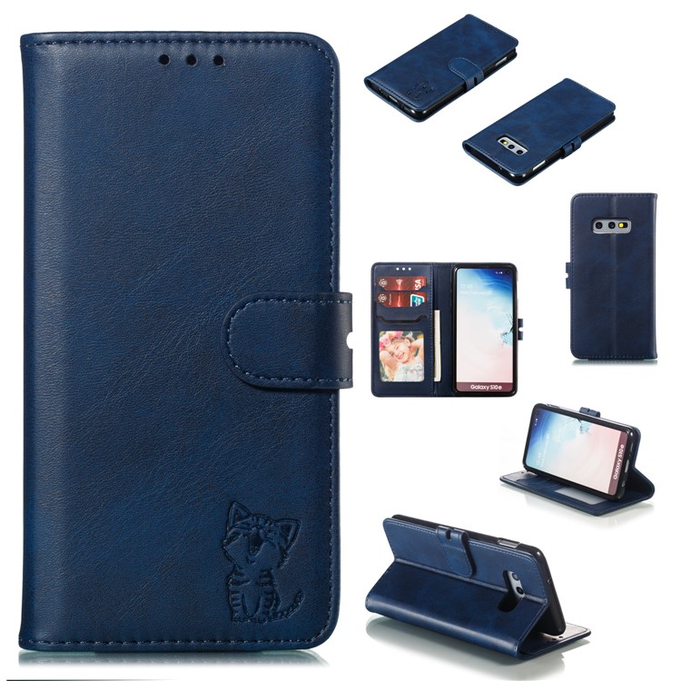 Imprinted Cat Pattern Leather Wallet Case for Samsung Galaxy S10e - Blue-1