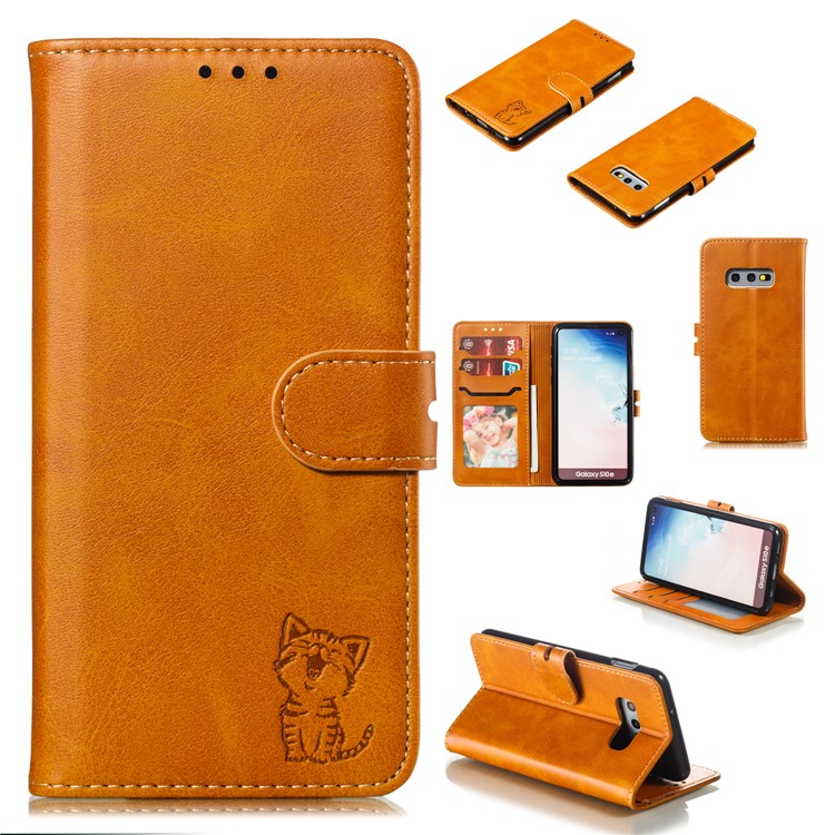 Estuche De Piel Con Estampado De Gato Estampado Para Samsung Galaxy S10e - Marrón-1