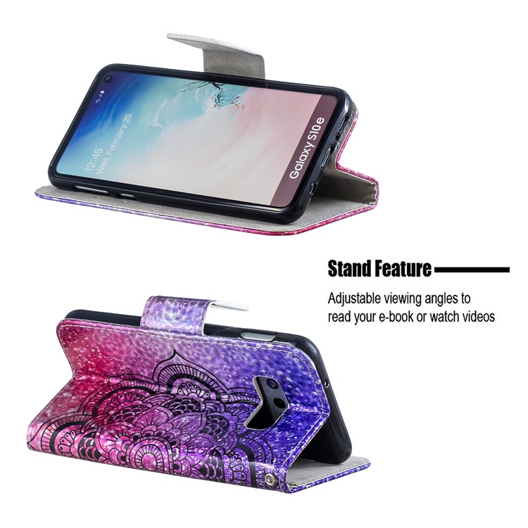 Dazzling Laser Carving Pattern Printing Wallet Stand Leather Phone Case with Strap for Samsung Galaxy S10e - Flower-5