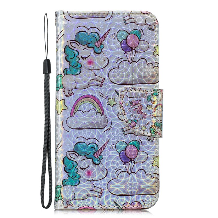 Dazzling Laser Carving Pattern Printing Wallet Stand Leather Phone Case with Strap for Samsung Galaxy S10e - Unicorns and Cloud-2