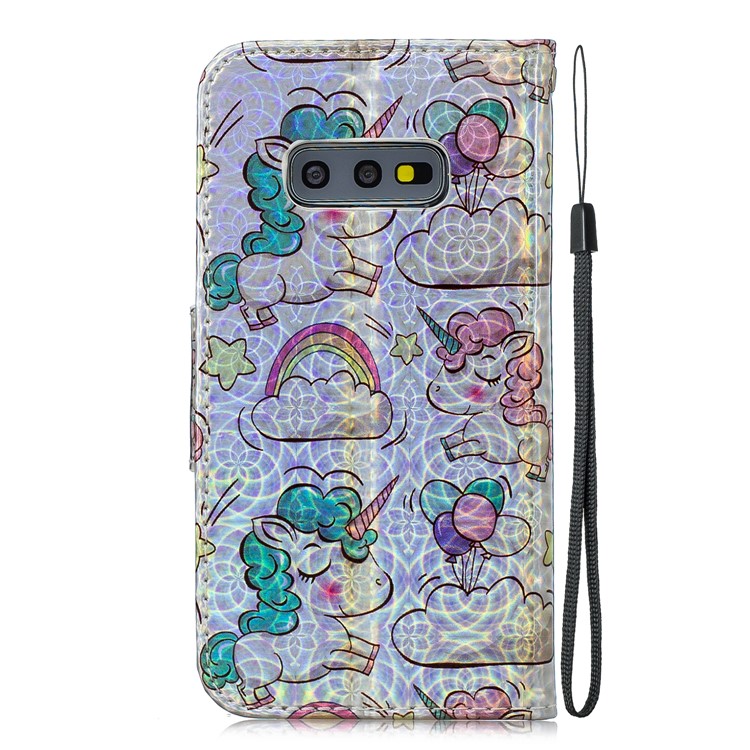 Dazzling Laser Carving Pattern Printing Wallet Stand Leather Phone Case with Strap for Samsung Galaxy S10e - Unicorns and Cloud-3