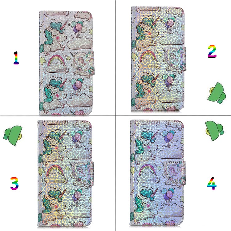 Dazzling Laser Carving Pattern Printing Wallet Stand Leather Phone Case with Strap for Samsung Galaxy S10e - Unicorns and Cloud-8
