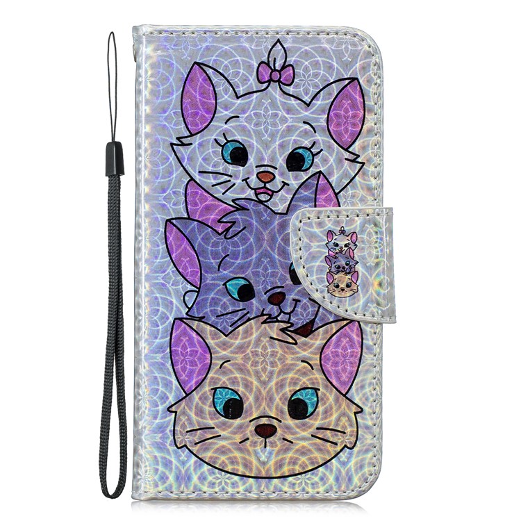 Dazzling Laser Carving Pattern Printing Wallet Stand Leather Phone Case with Strap for Samsung Galaxy S10e - Three Cute Cats-2