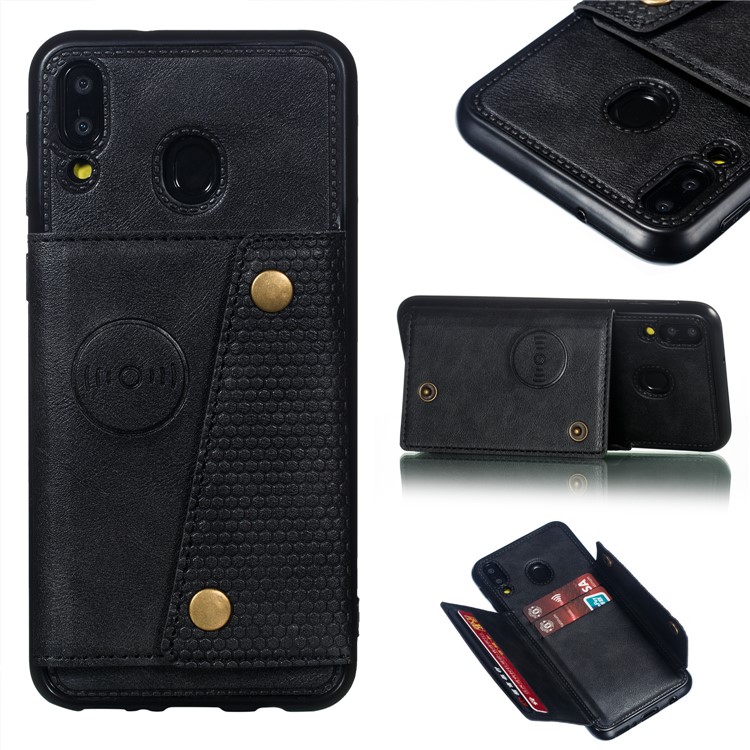 PU Leather Coated TPU Card Holder Magnetic Kickstand Mobile Phone Cover for Samsung Galaxy M20 - Black-1