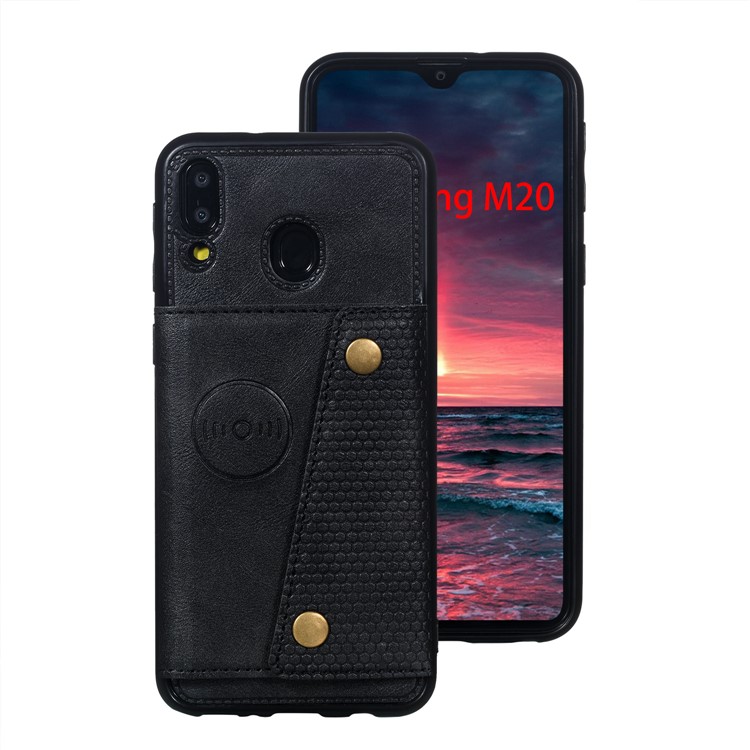 PU Leather Coated TPU Card Holder Magnetic Kickstand Mobile Phone Cover for Samsung Galaxy M20 - Black-2