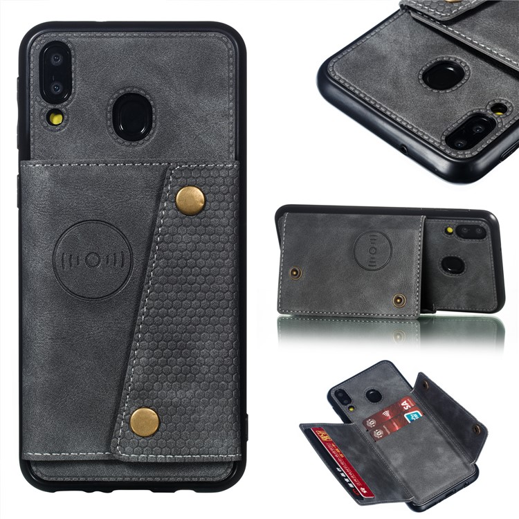 PU Leather Coated TPU Card Holder Magnetic Kickstand Mobile Phone Cover for Samsung Galaxy M20 - Grey-1