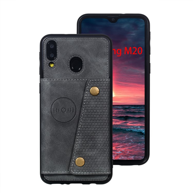 PU Leather Coated TPU Card Holder Magnetic Kickstand Mobile Phone Cover for Samsung Galaxy M20 - Grey-2
