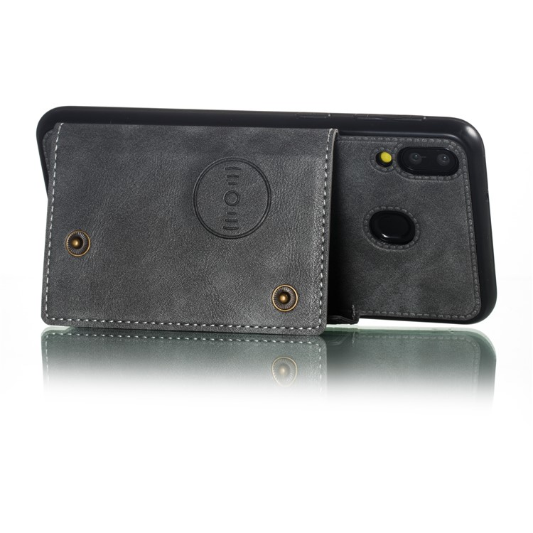 PU Leather Coated TPU Card Holder Magnetic Kickstand Mobile Phone Cover for Samsung Galaxy M20 - Grey-5
