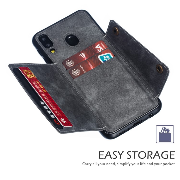 PU Leather Coated TPU Card Holder Magnetic Kickstand Mobile Phone Cover for Samsung Galaxy M20 - Grey-6