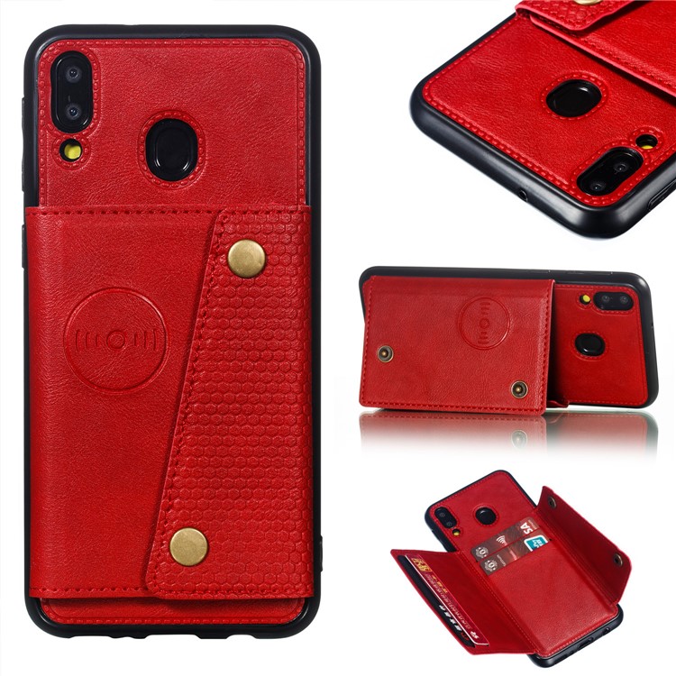 Titular Do Cartão De Couro PU PU Titular Magnética Kickstand Tampa Do Telefone Móvel Para Samsung Galaxy M20 - Vermelho-1