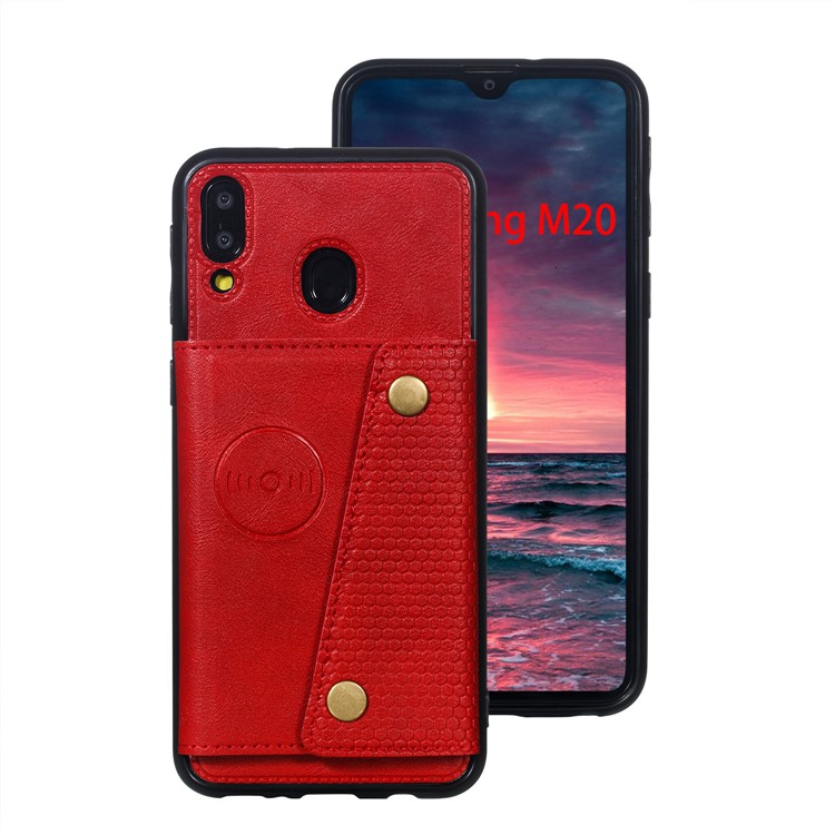Titular Do Cartão De Couro PU PU Titular Magnética Kickstand Tampa Do Telefone Móvel Para Samsung Galaxy M20 - Vermelho-2