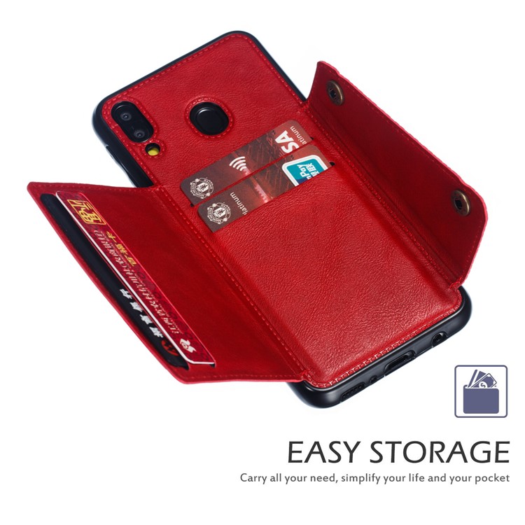 Titular Do Cartão De Couro PU PU Titular Magnética Kickstand Tampa Do Telefone Móvel Para Samsung Galaxy M20 - Vermelho-7