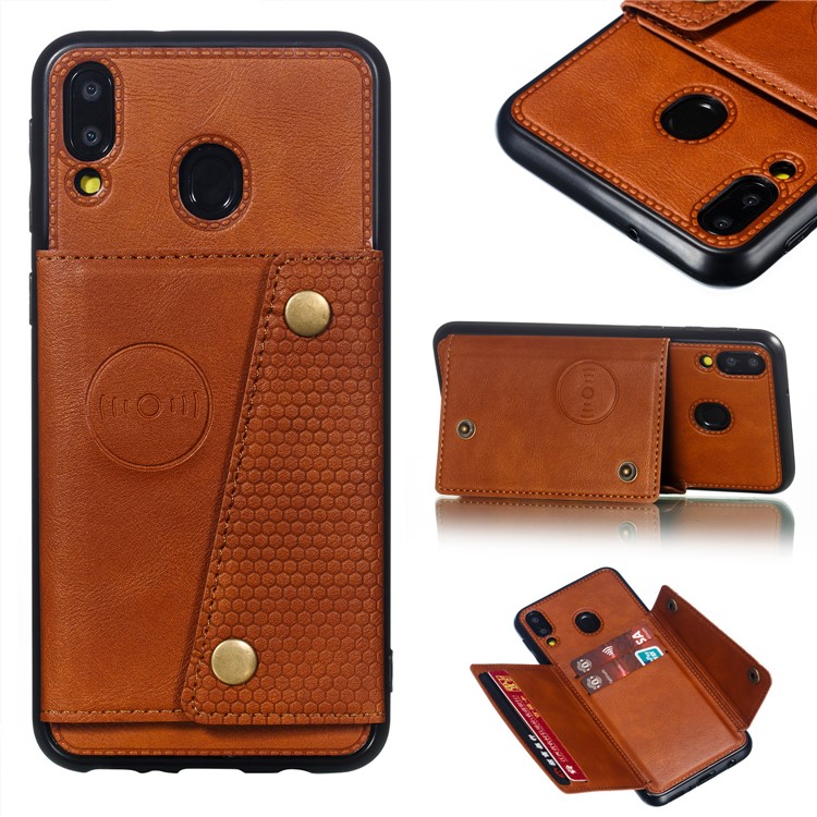 PU Leather Coated TPU Card Holder Magnetic Kickstand Mobile Phone Cover for Samsung Galaxy M20 - Light Brown-1