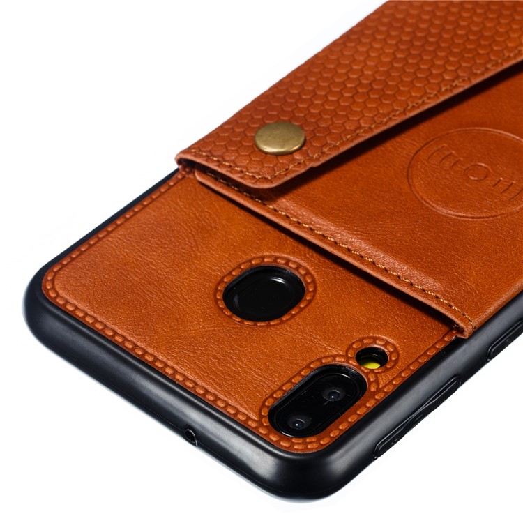 PU Leather Coated TPU Card Holder Magnetic Kickstand Mobile Phone Cover for Samsung Galaxy M20 - Light Brown-4