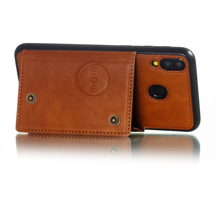 PU Leather Coated TPU Card Holder Magnetic Kickstand Mobile Phone Cover for Samsung Galaxy M20 - Light Brown-5