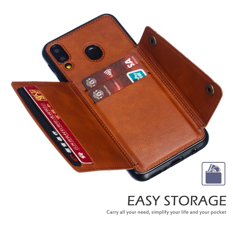 PU Leather Coated TPU Card Holder Magnetic Kickstand Mobile Phone Cover for Samsung Galaxy M20 - Light Brown-6