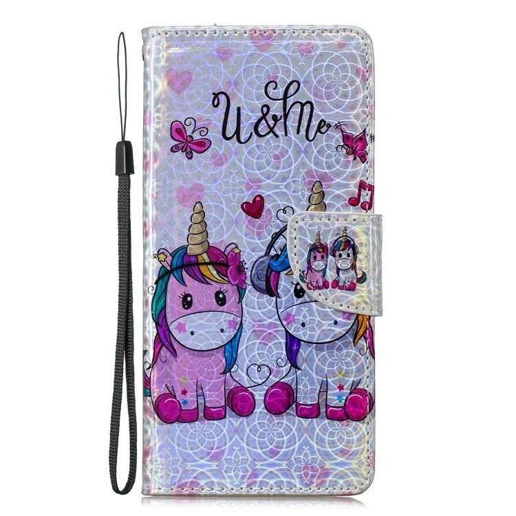 Laser Carving Pattern Printing Wallet Leather Casing with Strap for Samsung Galaxy S10 5G - Couple Unicorns-2