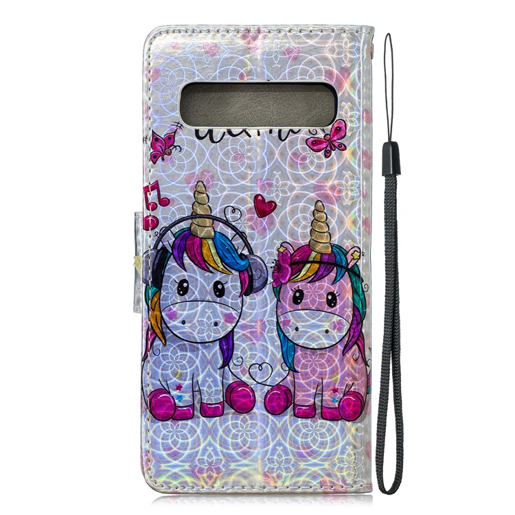 Laser Carving Pattern Printing Wallet Leather Casing with Strap for Samsung Galaxy S10 5G - Couple Unicorns-3