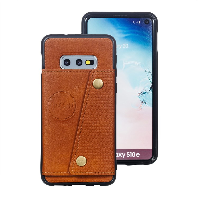 La PU Cubrió La Caja Magnética Del Teléfono Móvil Del Kickstand Del Portatarjetas De TPU Para La Galaxia S10e De Samsung - Marrón Claro-2