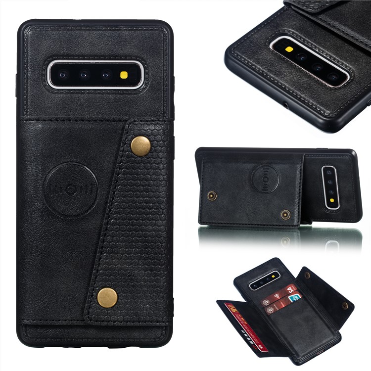 PU Leather Coated TPU Card Holder Magnetic Kickstand Mobile Phone Cover for Samsung Galaxy S10 Plus - Black-1