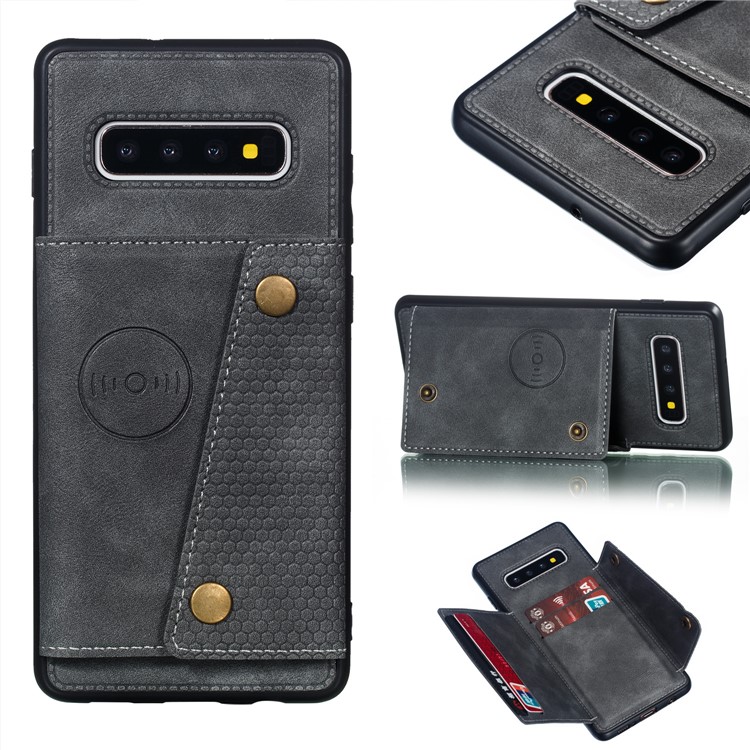 PU Leather Coated TPU Card Holder Magnetic Kickstand Mobile Phone Cover for Samsung Galaxy S10 Plus - Grey-1