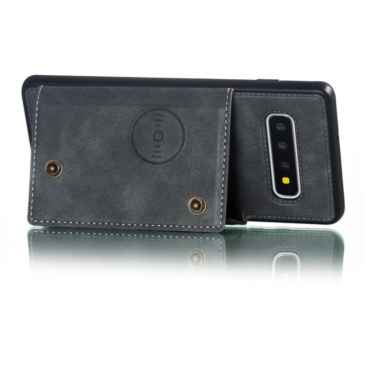 PU Leather Coated TPU Card Holder Magnetic Kickstand Mobile Phone Cover for Samsung Galaxy S10 Plus - Grey-5