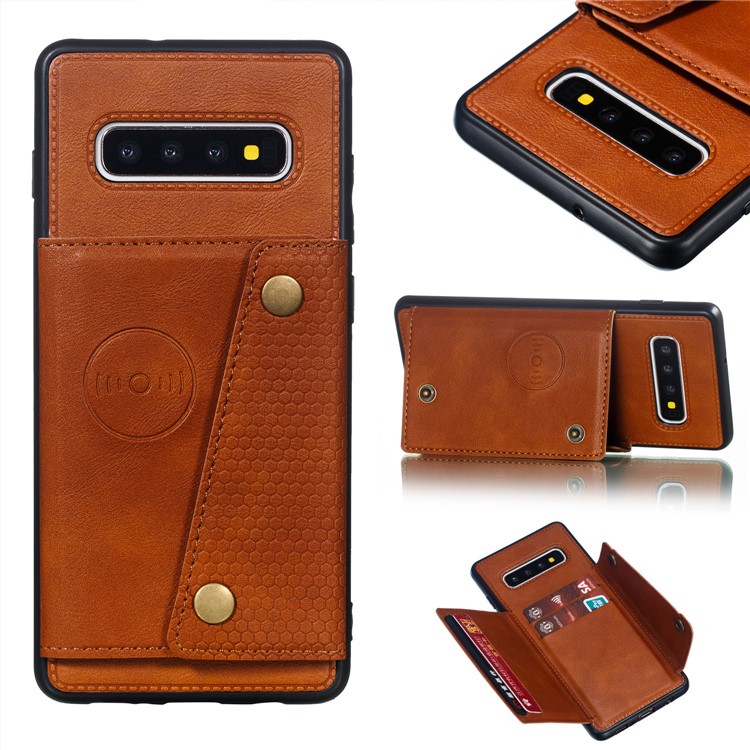 Couverture En Cuir D'unité Centrale Recouverte De TPU Support De Carte Magnétique En TPU Pour Samsung Galaxy S10 Plus - Marron Clair-1