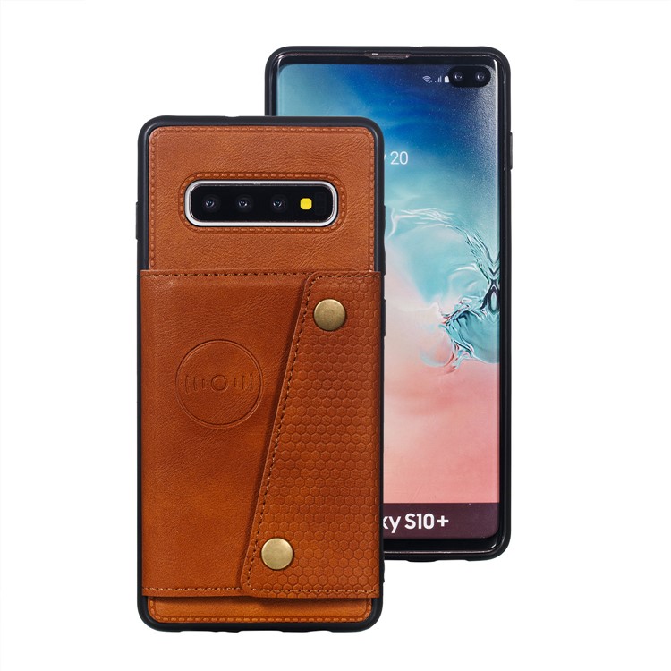 Couverture En Cuir D'unité Centrale Recouverte De TPU Support De Carte Magnétique En TPU Pour Samsung Galaxy S10 Plus - Marron Clair-2