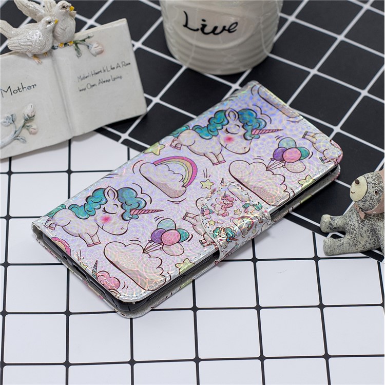 Laser Carving Muster Druck Brieftasche Ledertelefonkasten Für Samsung Galaxy A10 / M10 - Einhörner Und Wolken-7