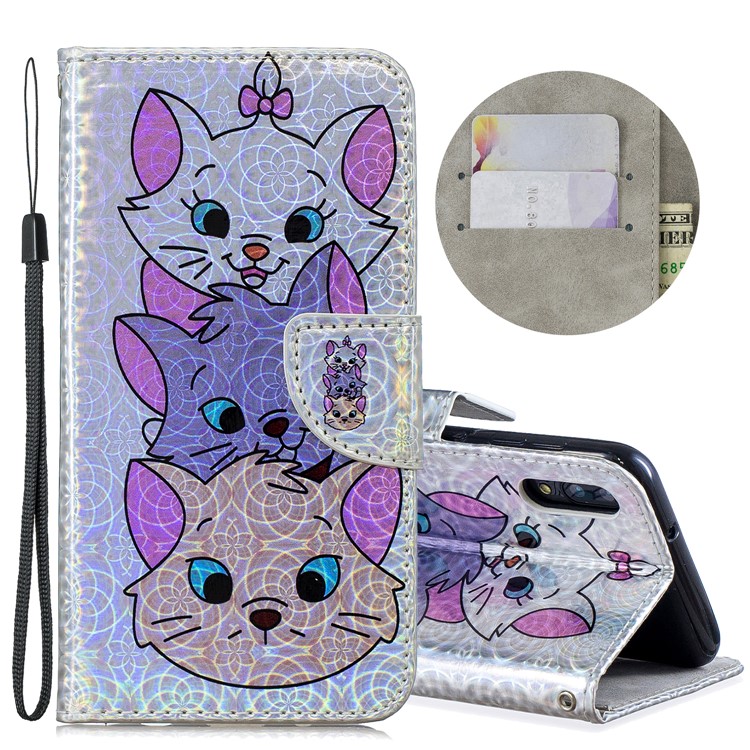 Laser Carving Pattern Printing Wallet Leather Phone Case for Samsung Galaxy A10/M10 - Three Cute Cats-1