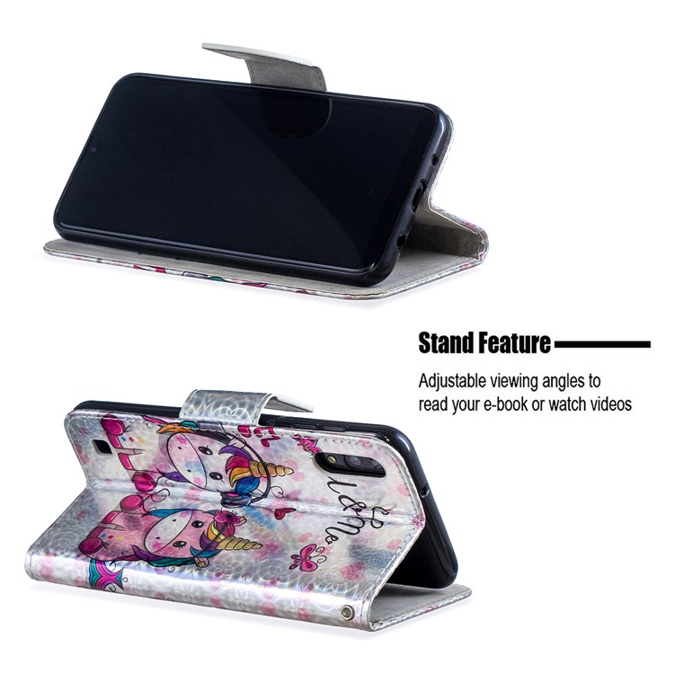 Laser Carving Pattern Printing Wallet Leather Phone Case for Samsung Galaxy A10/M10 - Couple Unicorns-2