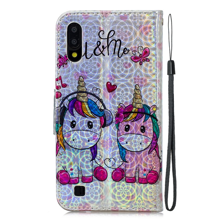 Laser Carving Pattern Printing Wallet Leather Phone Case for Samsung Galaxy A10/M10 - Couple Unicorns-4