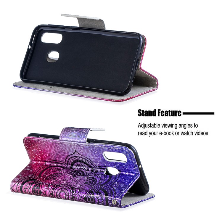 Laser Carving Pattern Printing Wallet Stand Leather Phone Case with Strap for Samsung Galaxy A40 - Flower-2