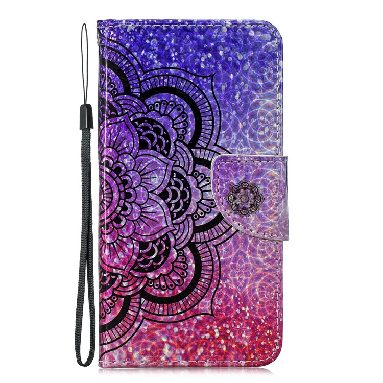 Laser Carving Pattern Printing Wallet Stand Leather Phone Case with Strap for Samsung Galaxy A40 - Flower-3