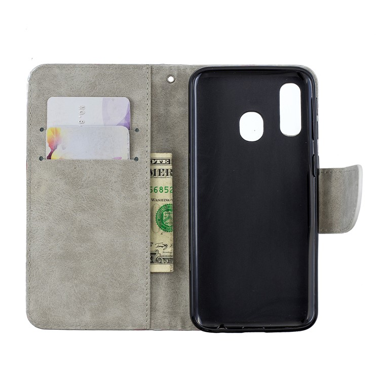 Laser Carving Pattern Printing Wallet Stand Leather Phone Case with Strap for 	Samsung Galaxy A40 - Flower-5