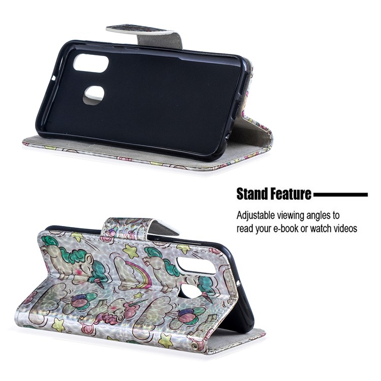 Laser Carving Pattern Printing Wallet Stand Leather Phone Case with Strap for Samsung Galaxy A40 - Unicorns and Cloud-2
