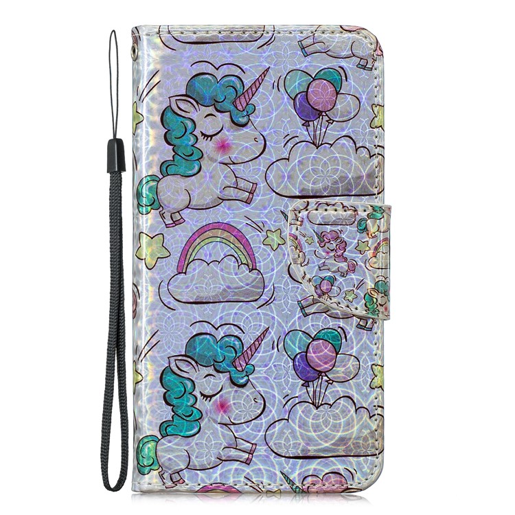 Laser Carving Pattern Printing Wallet Stand Leather Phone Case with Strap for Samsung Galaxy A40 - Unicorns and Cloud-3
