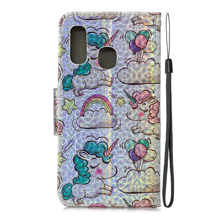 Laser Carving Pattern Printing Wallet Stand Leather Phone Case with Strap for Samsung Galaxy A40 - Unicorns and Cloud-4