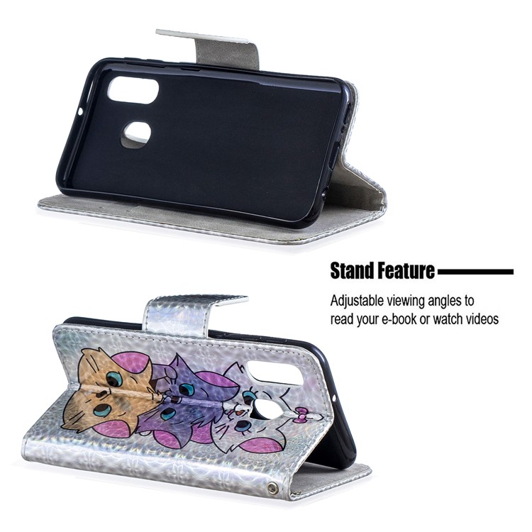 Laser Carving Pattern Printing Wallet Stand Leather Phone Case with Strap for Samsung Galaxy A40 - Three Cute Cats-2