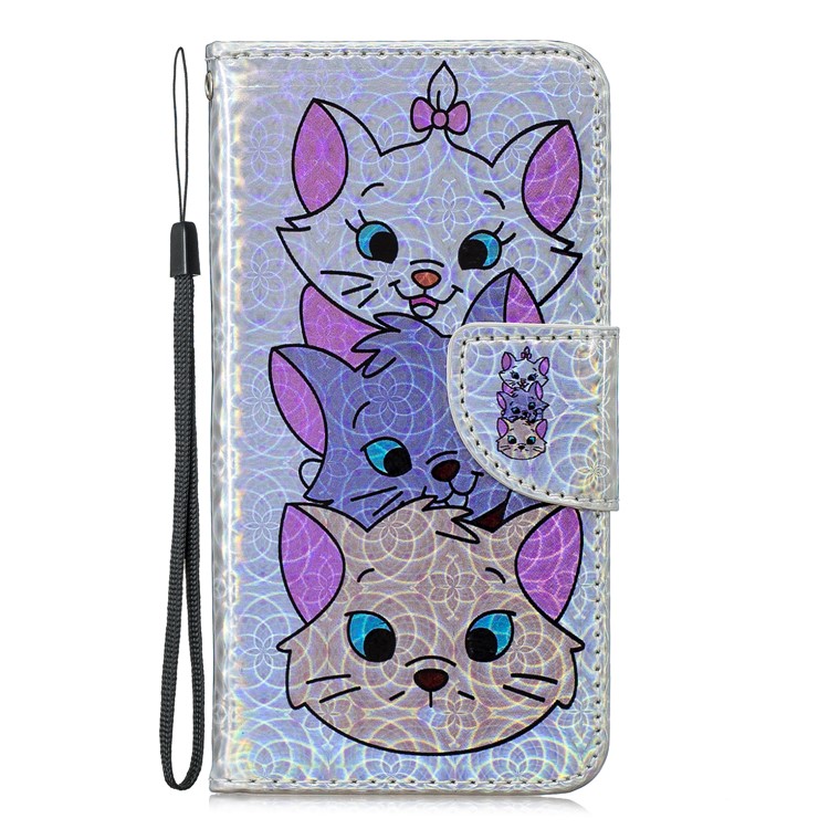 Laser Carving Pattern Printing Wallet Stand Leather Phone Case with Strap for Samsung Galaxy A40 - Three Cute Cats-3