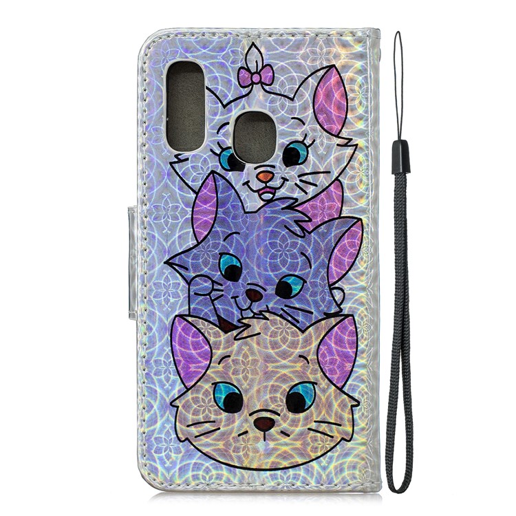 Laser Carving Pattern Printing Wallet Stand Leather Phone Case with Strap for Samsung Galaxy A40 - Three Cute Cats-4