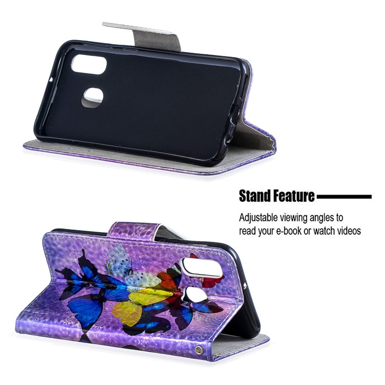 Laser Carving Pattern Printing Wallet Stand Leather Phone Case with Strap for Samsung Galaxy A40 - Colorful Butterflies-2