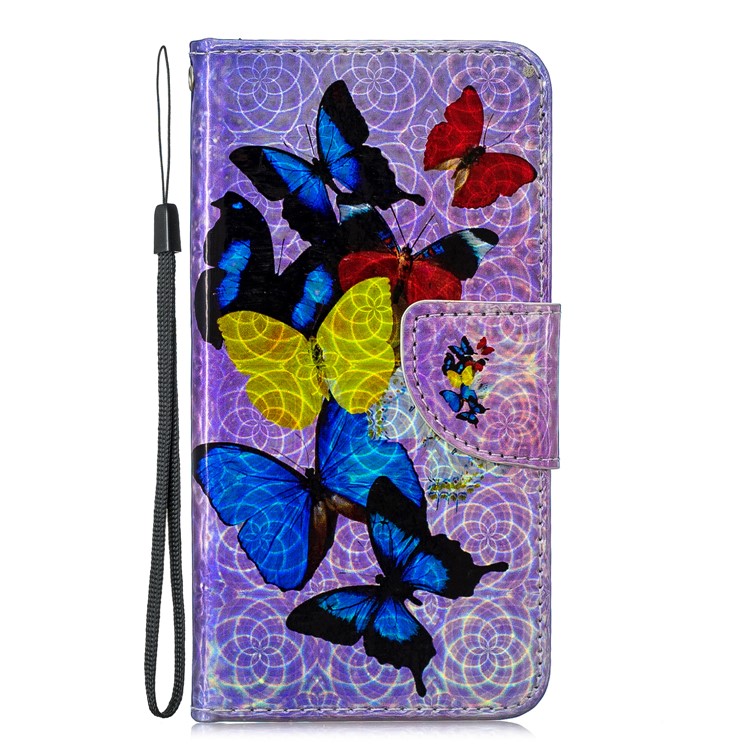 Laser Carving Pattern Printing Wallet Stand Leather Phone Case with Strap for Samsung Galaxy A40 - Colorful Butterflies-3