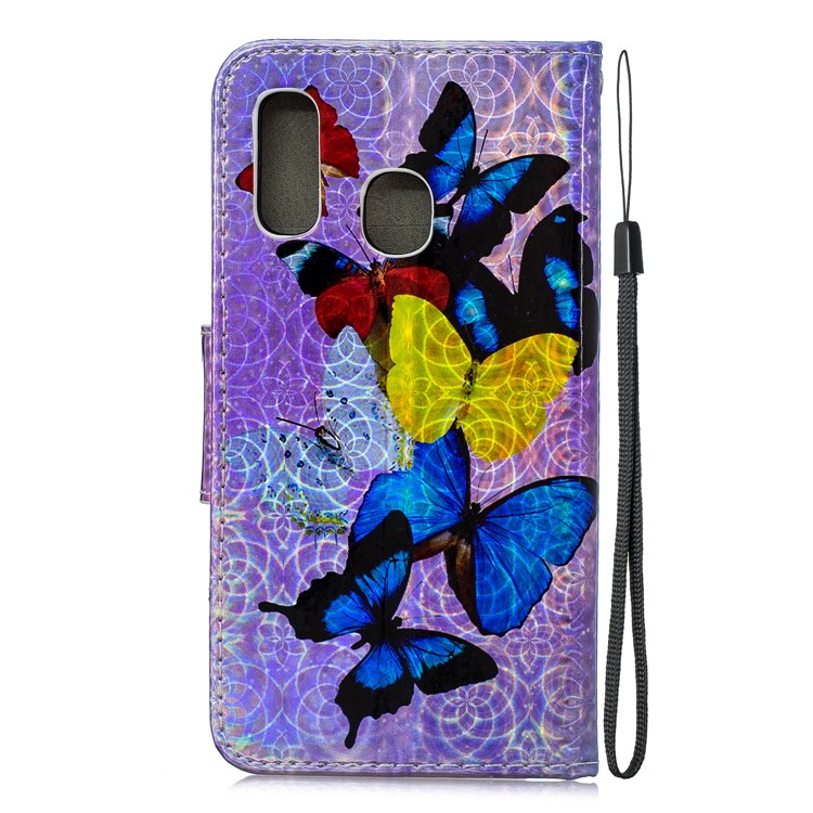 Laser Carving Pattern Printing Wallet Stand Leather Phone Case with Strap for Samsung Galaxy A40 - Colorful Butterflies-4