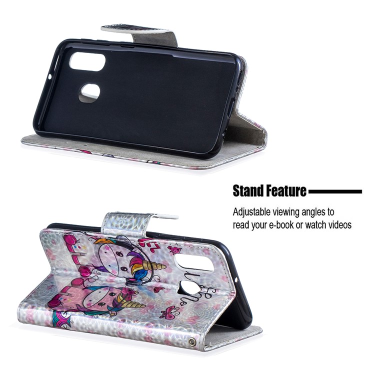 Laser Carving Pattern Printing Wallet Stand Leather Phone Case with Strap for Samsung Galaxy A40 - Couple Unicorns-2
