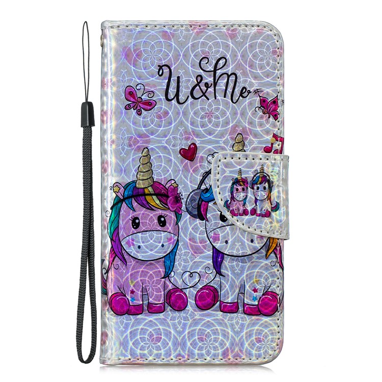 Laser Carving Pattern Printing Wallet Stand Leather Phone Case with Strap for Samsung Galaxy A40 - Couple Unicorns-3